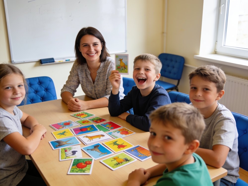 Lektorka i troje dzieci przy stole z obrazkowymi kartami podczas zajęć